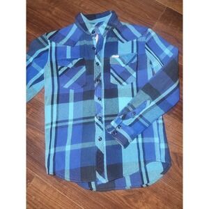 Topo Designs Mountain Shirt Mens sm  Blue Plaid Button Up Flannel Hiking Outdoor